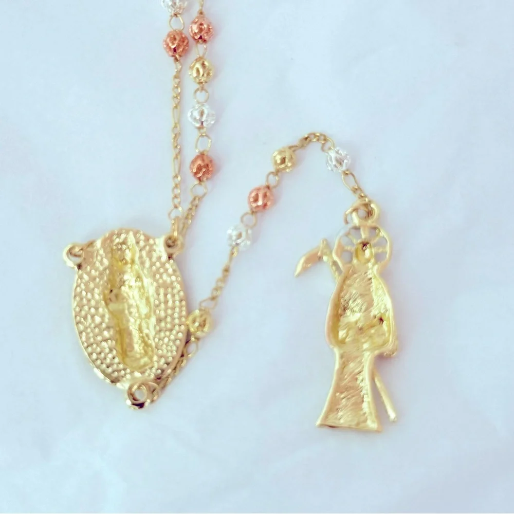 New, Rosary, tricolor Laminated Gold‎ with image of the holy death. unisex